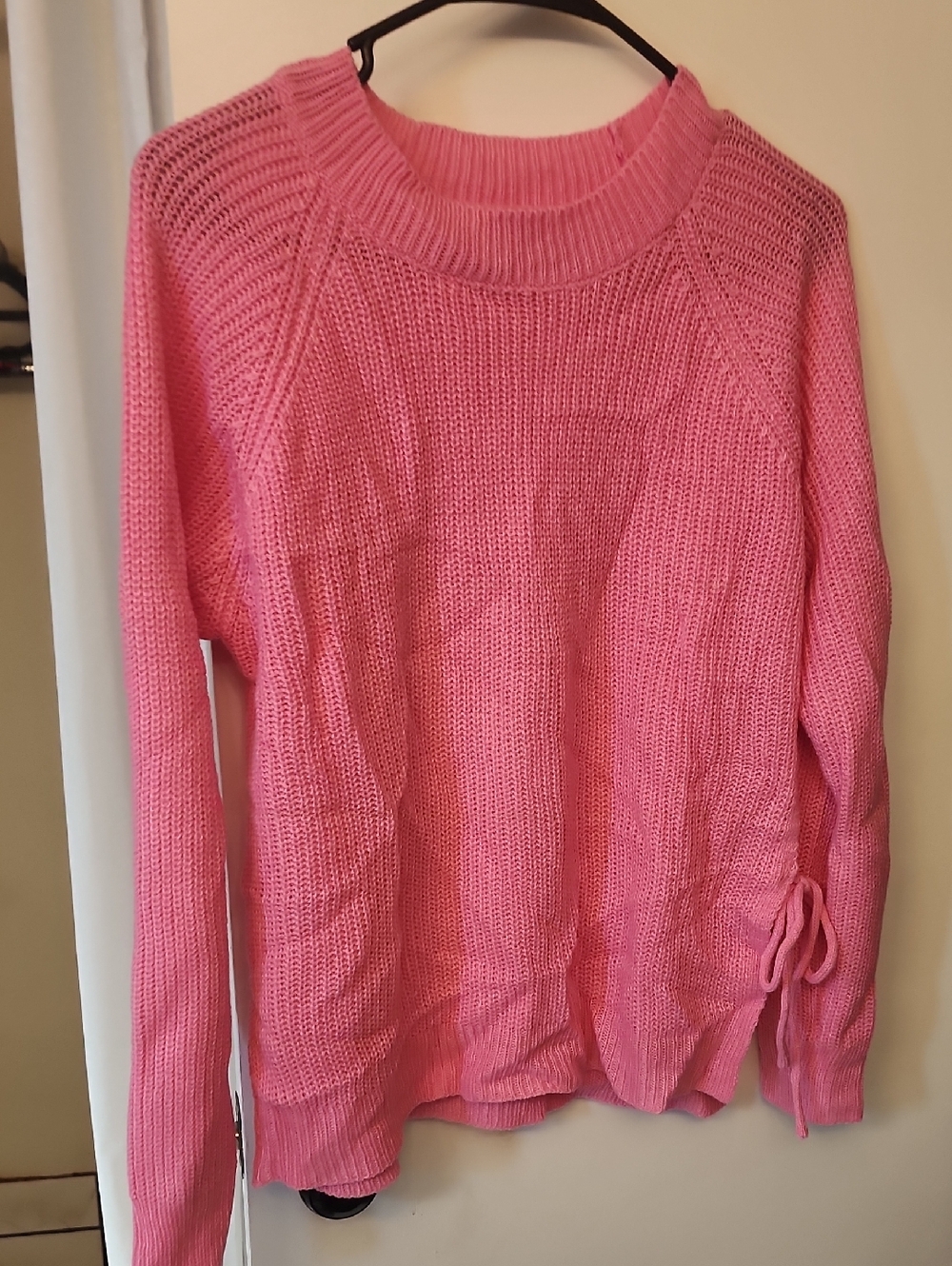 SHEIN Bright Pink Crewneck Knit Sweater with Side Tie Detail